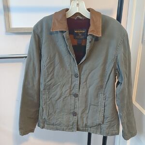 Woolrich Olive Green Utility Jacket with Brown Collar